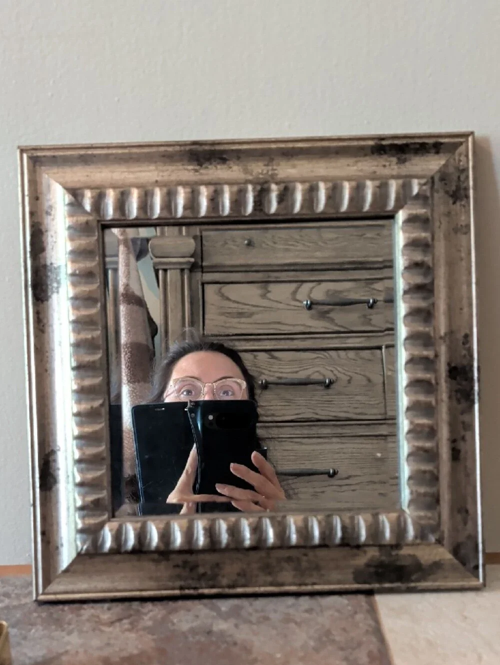 Antique-Style Square Wall Mirror in Distressed Silver